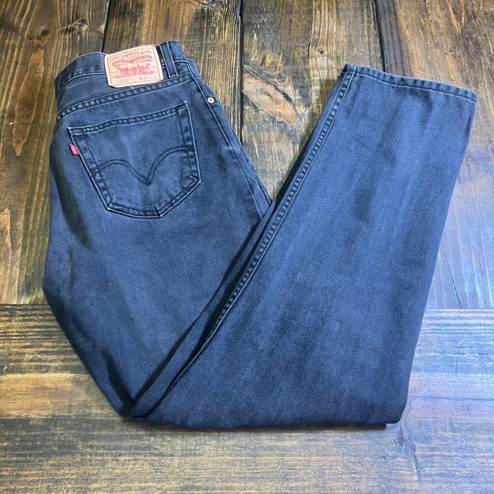 Levis 505 Regular Fit Jeans Mens 36x34 Faded Black Straight Leg Denim Pants